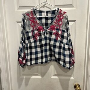 Roper Women's Blue White Gingham Embroidered Long Sleeve‎ Top Medium Western